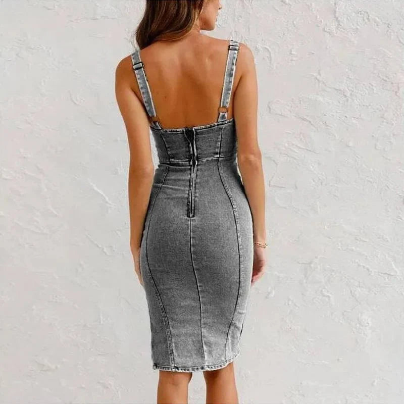 Fitted Denim Dress with Adjustable Strap and U-Shaped Neckline
