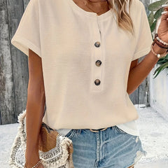 Women's Button Up V-Neck Batwing Short-Sleeved T-Shirt