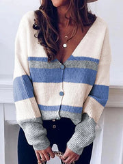 Women's elegant v-neck cardigan with contrasting color buttoned design