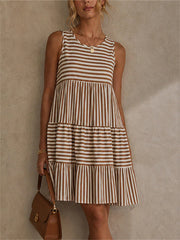 Women's Summer Boho Striped Sleeveless Tiered Mini Beach Sundress
