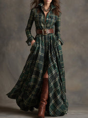 Giulia - Long plaid dress in reddish-brown with collar and retro ethnic style