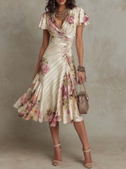 Alba | Elegant retro floral satin midi dress