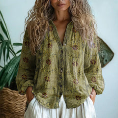 Women's Elegant Vintage Leaf Print Shirt