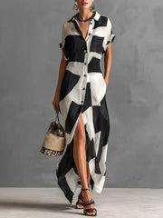 Cotton-Linen Geometric Print Short-Sleeve Maxi Shirt Dress