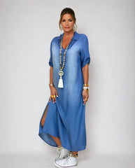 Lea | Long denim-look dress with side slit