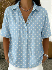 Women's Casual Polka Dots Polo Collar Short-sleeved Linen And Cotton Shirt