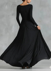 Modern long black crepe dress with pleated boat neckline