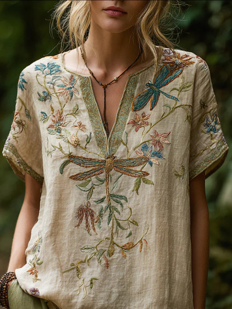 Boho Dragonfly Embroidered Linen Blouse