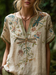 Boho Dragonfly Embroidered Linen Blouse