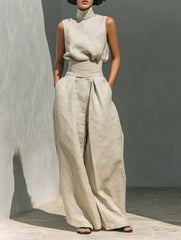 Maria - Women's Minimalist Cotton and Linen Tank Top & Wide-Leg Pants Set