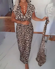 Women's Printed V-Neck Leopard Print Maxi Dress