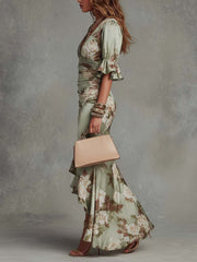 Anna | Long asymmetric green satin dress with a V-neckline