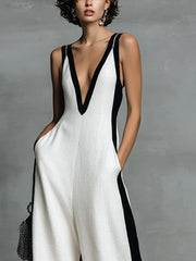 Black-White Color Block Spaghetti Strap Jumpsuit