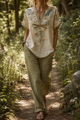 Boho Dragonfly Embroidered Linen Blouse
