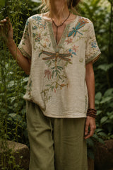 Boho Dragonfly Embroidered Linen Blouse