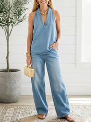 Lena - Relaxed Halter Denim Lounge Set
