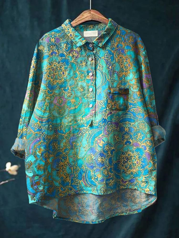 Women's Retro Art Print Casual Cotton And Linen Shirt