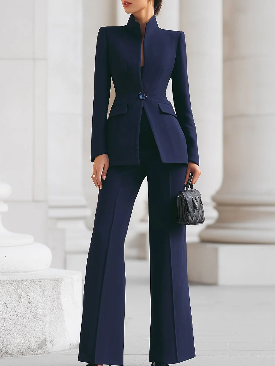Navy Blue Suit with High Collar Blazer and Wide Leg Pants